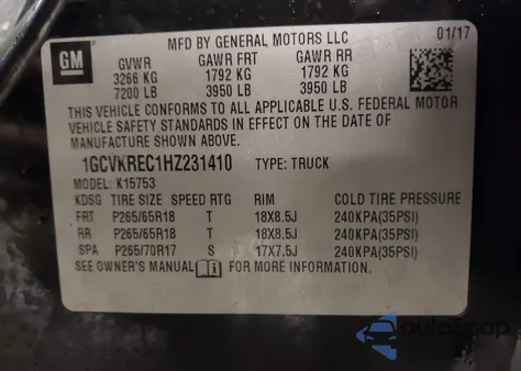 2017 Chevrolet Silverado 1500 2Lt from USA, damaged, VIN 1GCVKREC1HZ231410